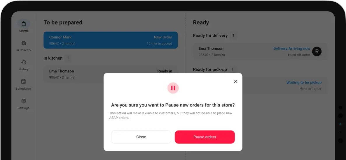 pause orders popup