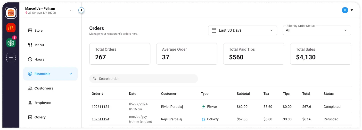 walkthrough dashboard orders screen